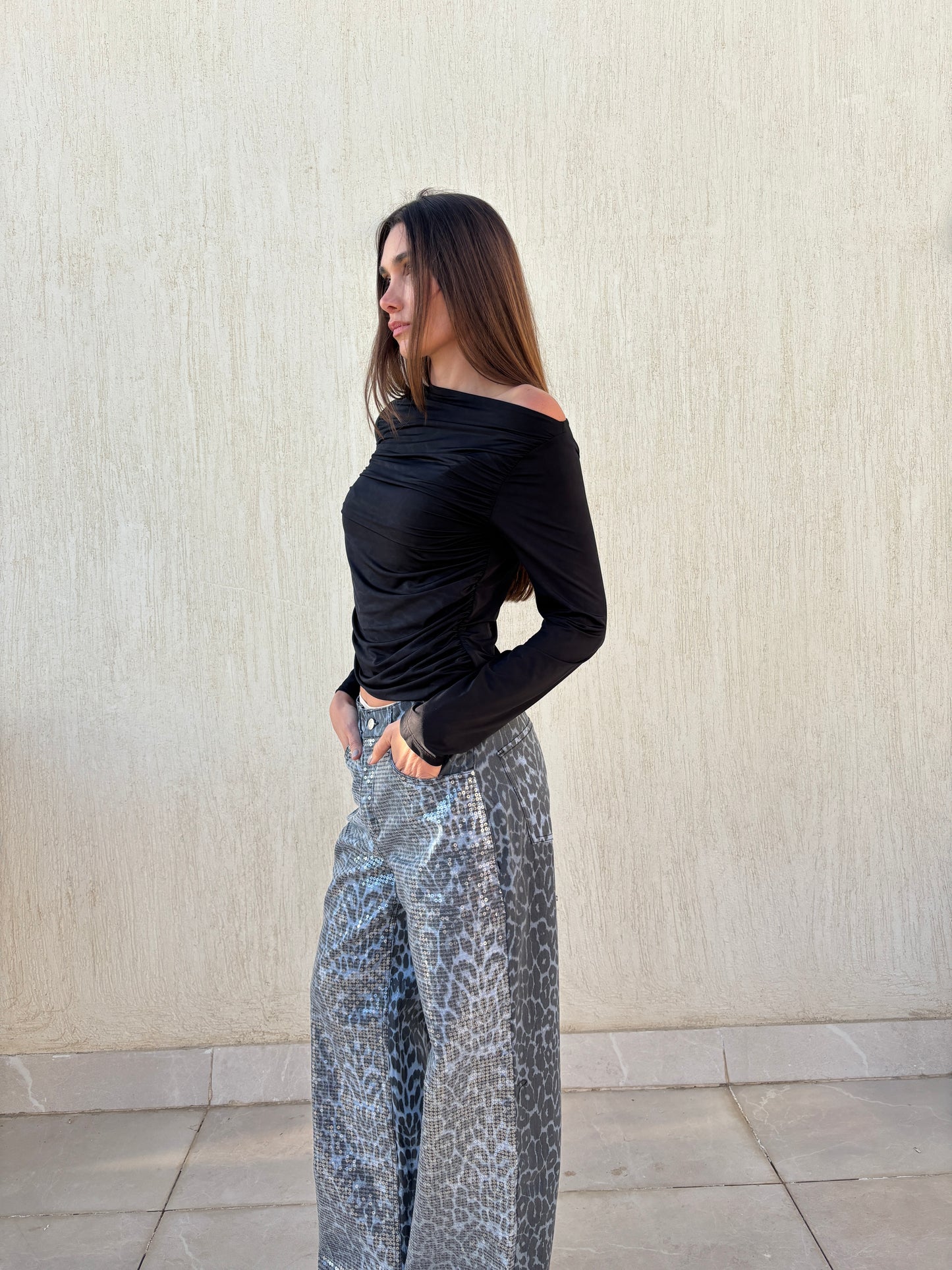 Sequins cheetah denim