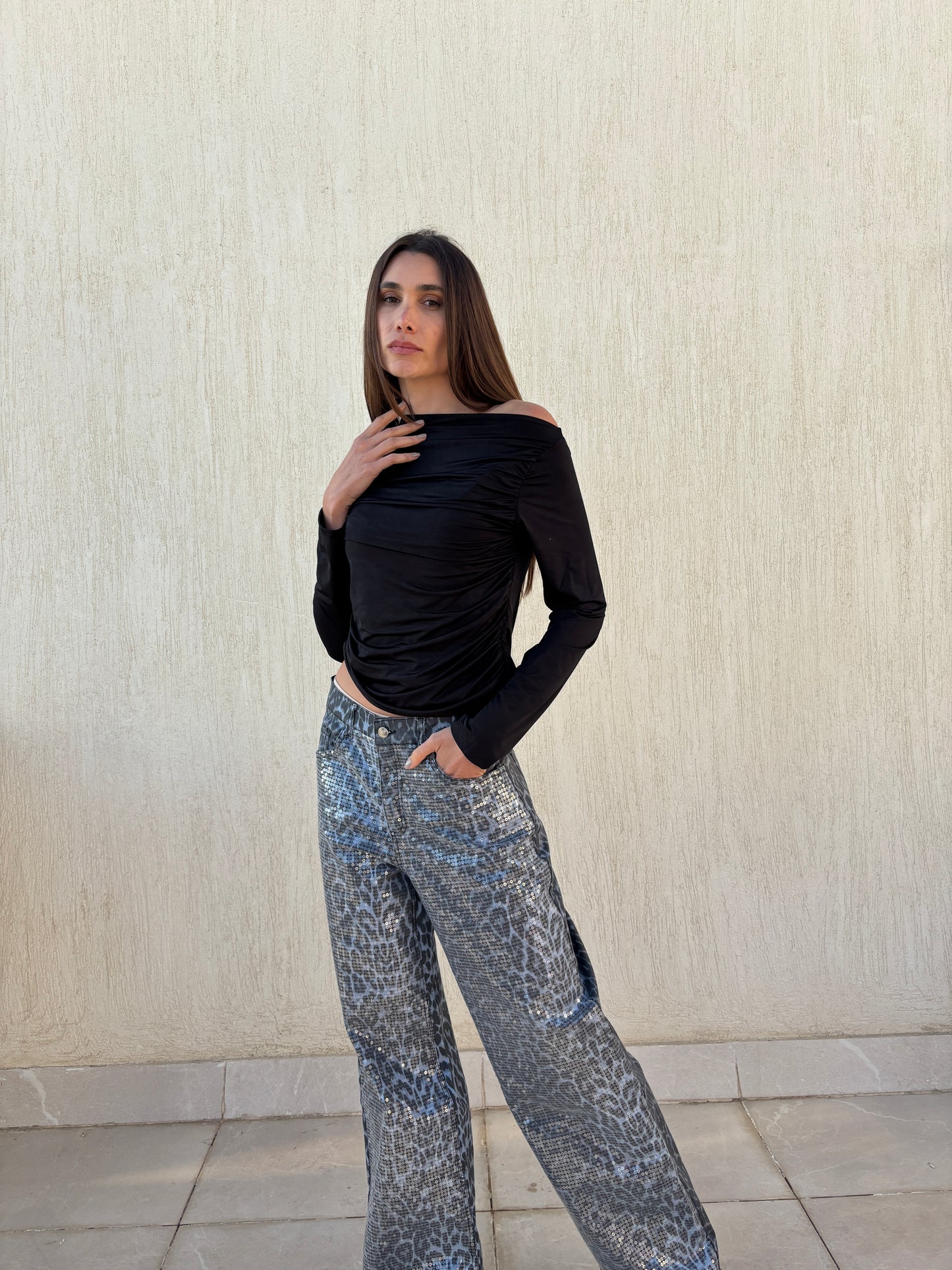 Sequins cheetah denim